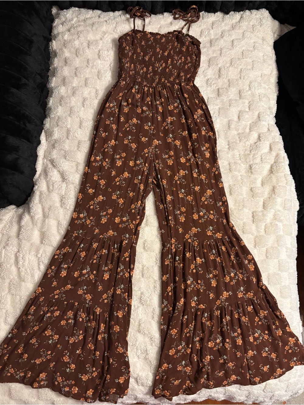Brown Floral Smocked Wide-Leg Jumpsuit with Tie Straps - Picture 5 of 8